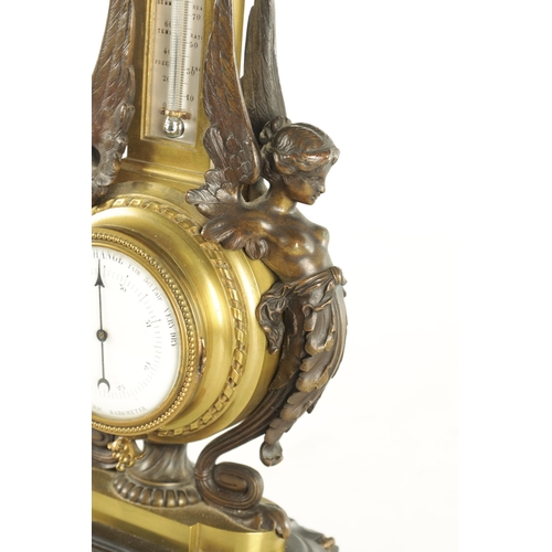 1075 - A LATE 19TH CENTURY FRENCH BRONZE DESK BAROMETER having winged caryatid mounts and black marble base... 