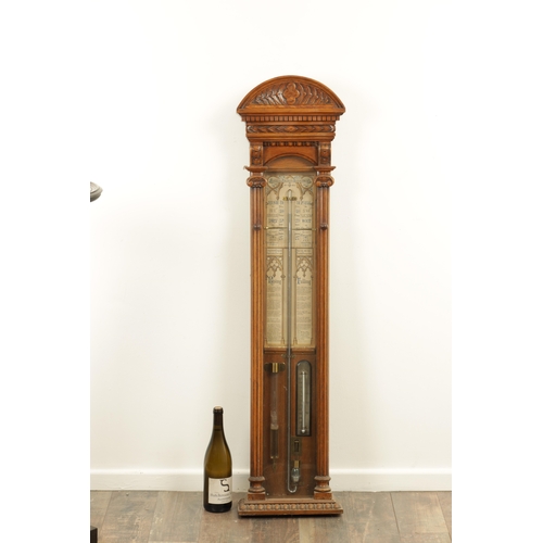 1077 - A 19TH CENTURY ADMIRAL FITZROY OAK CASED BAROMETER with carved arched top above a glazed case with c... 