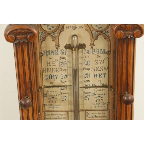 1077 - A 19TH CENTURY ADMIRAL FITZROY OAK CASED BAROMETER with carved arched top above a glazed case with c... 