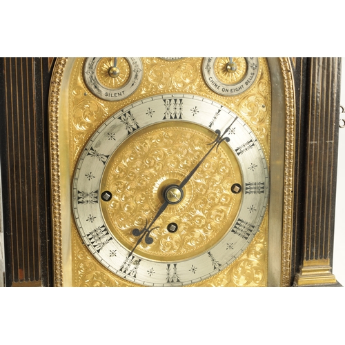 1083 - A FINE AND IMPRESSIVE LATE 19TH CENTURY BRASS INLAID BOULLE WORK AND EBONSIED THREE TRAIN BRACKET CL... 