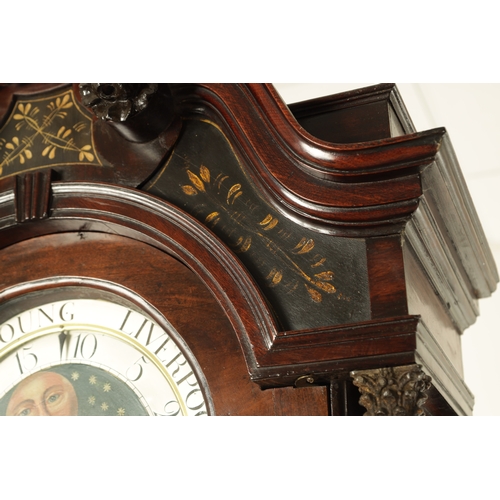 1087 - ISAAC YOUNG, LIVERPOOL. A GEORGE III FIGURED MAHOGANY LONGCASE CLOCK the hood with swan neck pedimen... 