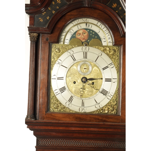 1087 - ISAAC YOUNG, LIVERPOOL. A GEORGE III FIGURED MAHOGANY LONGCASE CLOCK the hood with swan neck pedimen... 