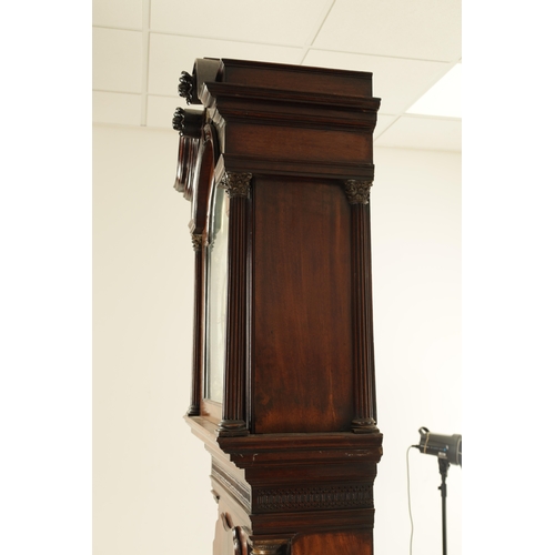 1087 - ISAAC YOUNG, LIVERPOOL. A GEORGE III FIGURED MAHOGANY LONGCASE CLOCK the hood with swan neck pedimen... 