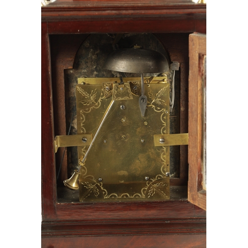 1091 - A GEORGE III FIGURED MAHOGANY DOUBLE FUSEE VERGE BRACKET CLOCK, the case with bell top pediment abov... 