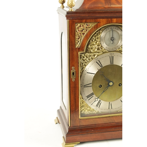 1091 - A GEORGE III FIGURED MAHOGANY DOUBLE FUSEE VERGE BRACKET CLOCK, the case with bell top pediment abov... 