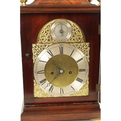 1091 - A GEORGE III FIGURED MAHOGANY DOUBLE FUSEE VERGE BRACKET CLOCK, the case with bell top pediment abov... 