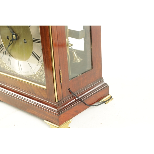 1091 - A GEORGE III FIGURED MAHOGANY DOUBLE FUSEE VERGE BRACKET CLOCK, the case with bell top pediment abov... 