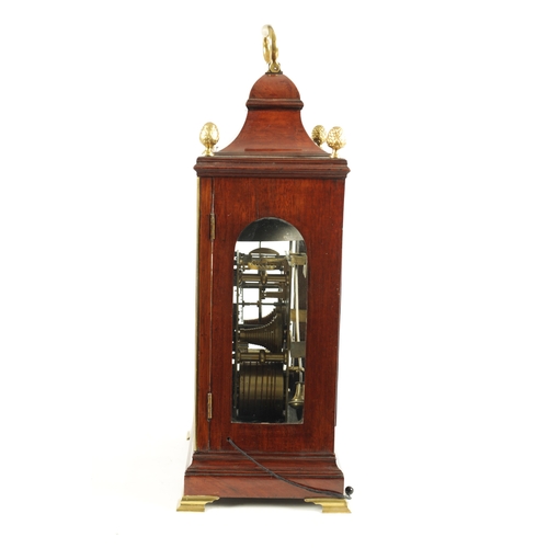 1091 - A GEORGE III FIGURED MAHOGANY DOUBLE FUSEE VERGE BRACKET CLOCK, the case with bell top pediment abov... 