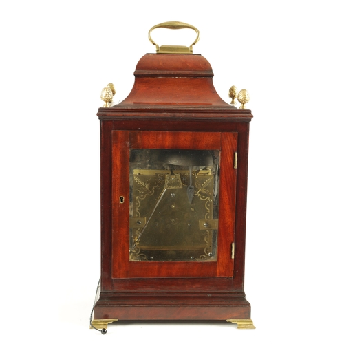 1091 - A GEORGE III FIGURED MAHOGANY DOUBLE FUSEE VERGE BRACKET CLOCK, the case with bell top pediment abov... 