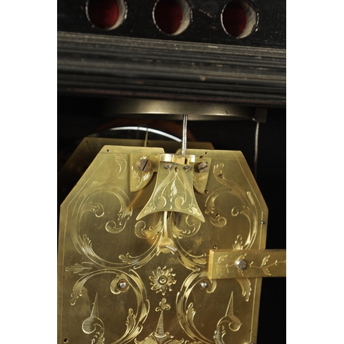 1102 - SPENCER & PERKINS, LONDON. A GEORGE III EBONIZED ORMOLU MOUNTED BRACKET CLOCK, having a bell top ped... 