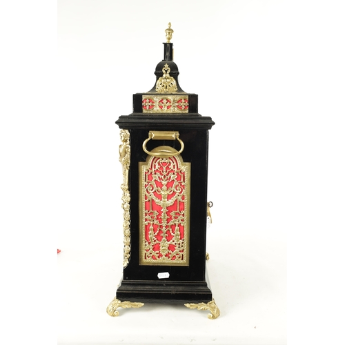 1102 - SPENCER & PERKINS, LONDON. A GEORGE III EBONIZED ORMOLU MOUNTED BRACKET CLOCK, having a bell top ped... 