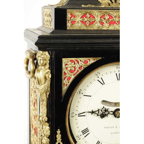 1102 - SPENCER & PERKINS, LONDON. A GEORGE III EBONIZED ORMOLU MOUNTED BRACKET CLOCK, having a bell top ped... 