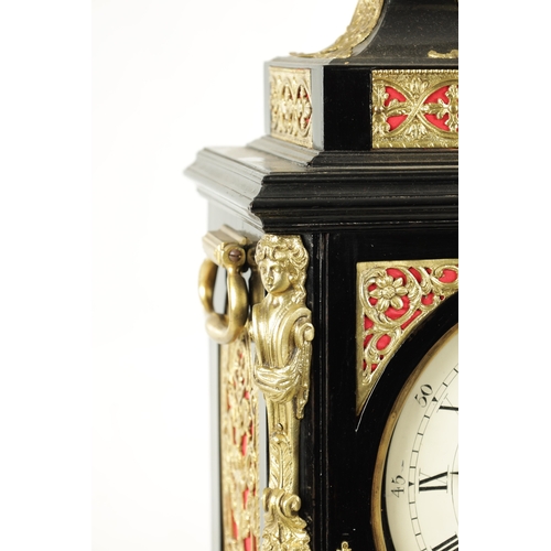 1102 - SPENCER & PERKINS, LONDON. A GEORGE III EBONIZED ORMOLU MOUNTED BRACKET CLOCK, having a bell top ped... 