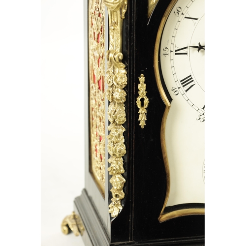 1102 - SPENCER & PERKINS, LONDON. A GEORGE III EBONIZED ORMOLU MOUNTED BRACKET CLOCK, having a bell top ped... 