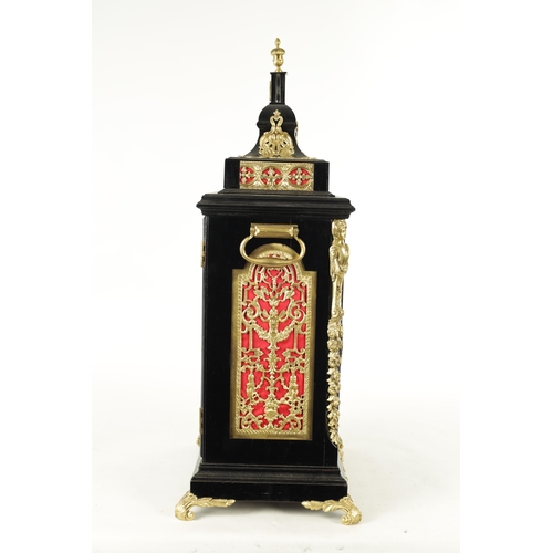 1102 - SPENCER & PERKINS, LONDON. A GEORGE III EBONIZED ORMOLU MOUNTED BRACKET CLOCK, having a bell top ped... 