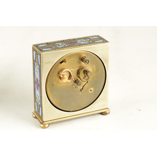 1103 - A 1930’S KIENZLE GERMAN CHAMPLEVE ENAMEL ALARM CLOCK the square silvered case raised on bun feet enc... 