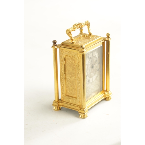 1104 - VOAK, LONDON. A MID 19TH CENTURY GILT ENGRAVED ENGLISH FUSEE CARRIAGE CLOCK, the case with octagonal... 