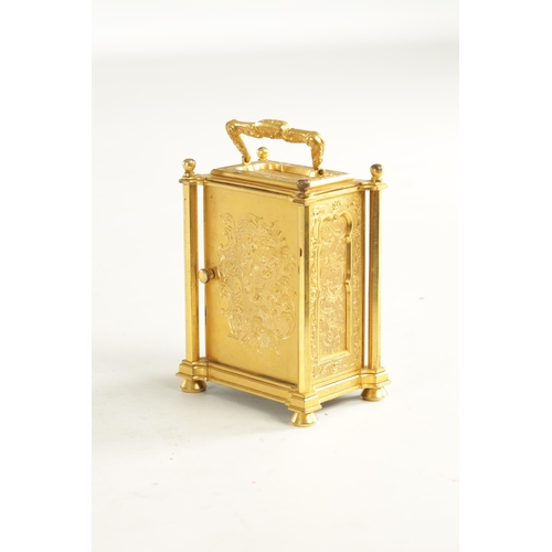 1104 - VOAK, LONDON. A MID 19TH CENTURY GILT ENGRAVED ENGLISH FUSEE CARRIAGE CLOCK, the case with octagonal... 