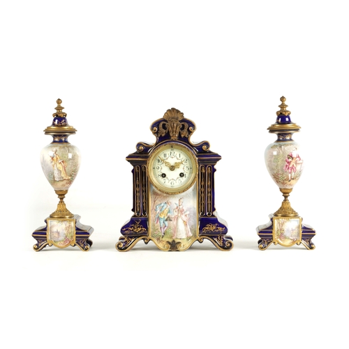 1105 - A LATE 19TH CENTURY VIENNA STYLE PORCELAIN AND GILT METAL MOUNTED THREE PIECE CLOCK GARNATURE SET th... 