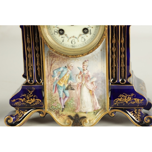 1105 - A LATE 19TH CENTURY VIENNA STYLE PORCELAIN AND GILT METAL MOUNTED THREE PIECE CLOCK GARNATURE SET th... 