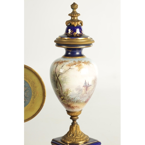 1105 - A LATE 19TH CENTURY VIENNA STYLE PORCELAIN AND GILT METAL MOUNTED THREE PIECE CLOCK GARNATURE SET th... 