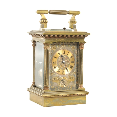 1108 - A LATE 19TH CENTURY FRENCH REPEATING CARRIAGE CLOCK the brass case with reeded Corinthian corner col... 