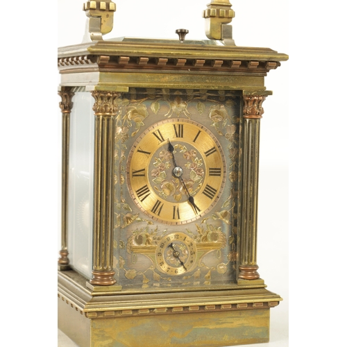 1108 - A LATE 19TH CENTURY FRENCH REPEATING CARRIAGE CLOCK the brass case with reeded Corinthian corner col... 