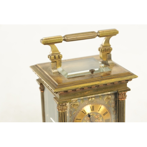 1108 - A LATE 19TH CENTURY FRENCH REPEATING CARRIAGE CLOCK the brass case with reeded Corinthian corner col... 