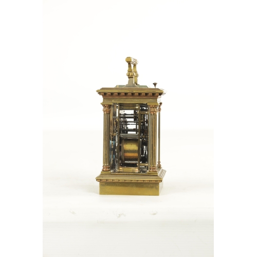 1108 - A LATE 19TH CENTURY FRENCH REPEATING CARRIAGE CLOCK the brass case with reeded Corinthian corner col... 