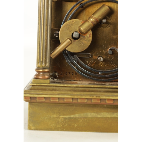 1108 - A LATE 19TH CENTURY FRENCH REPEATING CARRIAGE CLOCK the brass case with reeded Corinthian corner col... 