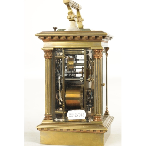 1108 - A LATE 19TH CENTURY FRENCH REPEATING CARRIAGE CLOCK the brass case with reeded Corinthian corner col... 