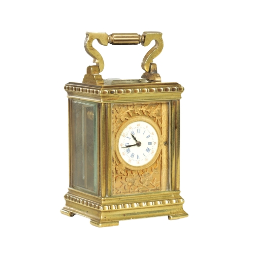 1111 - A LATE 19TH CENTURY FRENCH BRASS CARRIAGE CLOCK OF TINY PROPORTIONS the decorative case with flower ... 