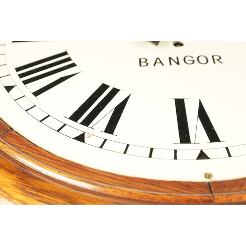 1113 - WRIGHT & GRIFFITHS, BANGOR. A LATE 19TH CENTURY 16” DIAL FUSEE WALL CLOCK, the oak case with moulded... 