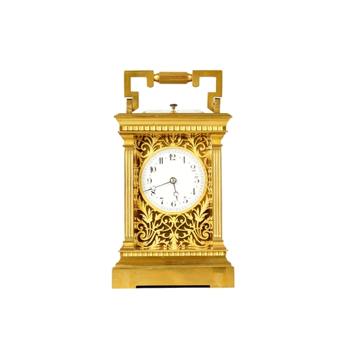 1114 - A LATE 19TH CENTURY FRENCH BRASS CASED REPEATING CARRIAGE CLOCK with filigree masked dial and enamel... 