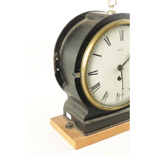 1120 - AN UNUSUAL 19TH CENTURY METAL CASED FUSEE CLOCK, having a cast brass bezel enclosing an 8