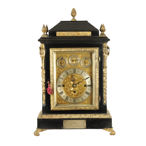 1121 - A LATE 19TH CENTURY EBONISED AND ORMOLU MOUNTED TRIPLE FUSEE BRACKET CLOCK having an angled caddy to... 