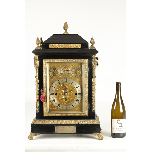 1121 - A LATE 19TH CENTURY EBONISED AND ORMOLU MOUNTED TRIPLE FUSEE BRACKET CLOCK having an angled caddy to... 