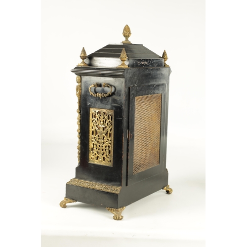 1121 - A LATE 19TH CENTURY EBONISED AND ORMOLU MOUNTED TRIPLE FUSEE BRACKET CLOCK having an angled caddy to... 