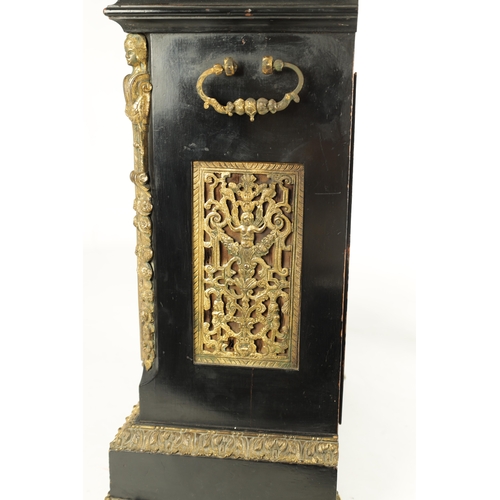 1121 - A LATE 19TH CENTURY EBONISED AND ORMOLU MOUNTED TRIPLE FUSEE BRACKET CLOCK having an angled caddy to... 