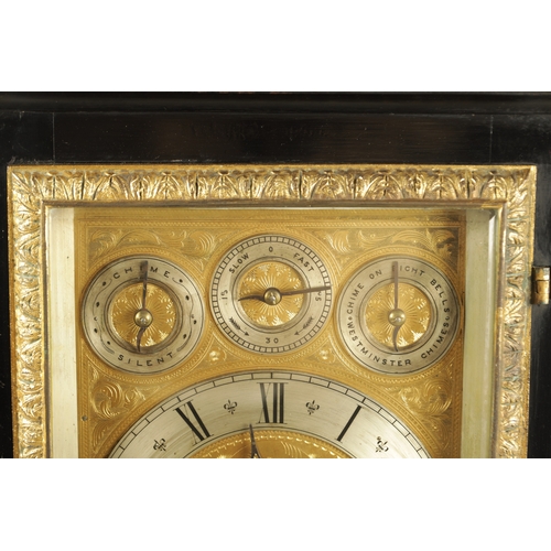 1121 - A LATE 19TH CENTURY EBONISED AND ORMOLU MOUNTED TRIPLE FUSEE BRACKET CLOCK having an angled caddy to... 