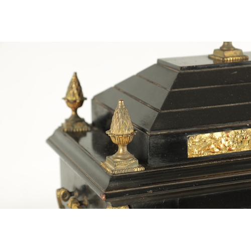 1121 - A LATE 19TH CENTURY EBONISED AND ORMOLU MOUNTED TRIPLE FUSEE BRACKET CLOCK having an angled caddy to... 