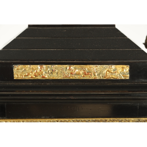 1121 - A LATE 19TH CENTURY EBONISED AND ORMOLU MOUNTED TRIPLE FUSEE BRACKET CLOCK having an angled caddy to... 