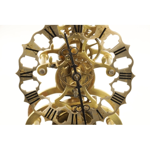 1123 - A 19TH CENTURY ENGLISH FUSEE SKELETON CLOCK with silvered pierced Roman chapter ring fronting pierce... 