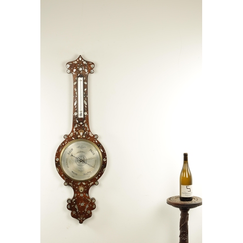 1125 - A.C. HEDGES, LONDON. A MID 19TH CENTURY INLAID ROSEWOOD WHEEL BAROMETER, the case inlaid in mother o... 