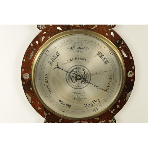 1125 - A.C. HEDGES, LONDON. A MID 19TH CENTURY INLAID ROSEWOOD WHEEL BAROMETER, the case inlaid in mother o... 