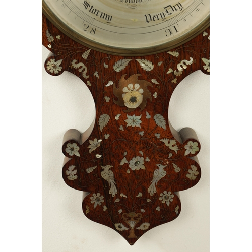 1125 - A.C. HEDGES, LONDON. A MID 19TH CENTURY INLAID ROSEWOOD WHEEL BAROMETER, the case inlaid in mother o... 