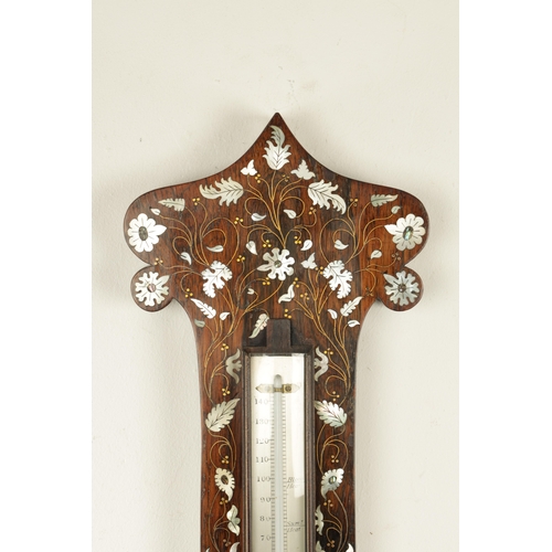 1125 - A.C. HEDGES, LONDON. A MID 19TH CENTURY INLAID ROSEWOOD WHEEL BAROMETER, the case inlaid in mother o... 