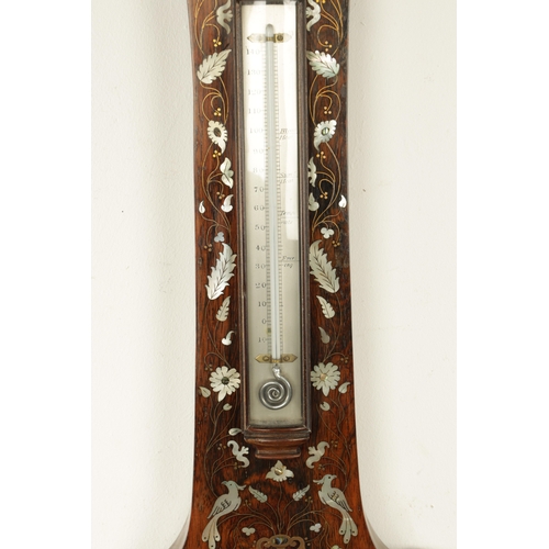 1125 - A.C. HEDGES, LONDON. A MID 19TH CENTURY INLAID ROSEWOOD WHEEL BAROMETER, the case inlaid in mother o... 