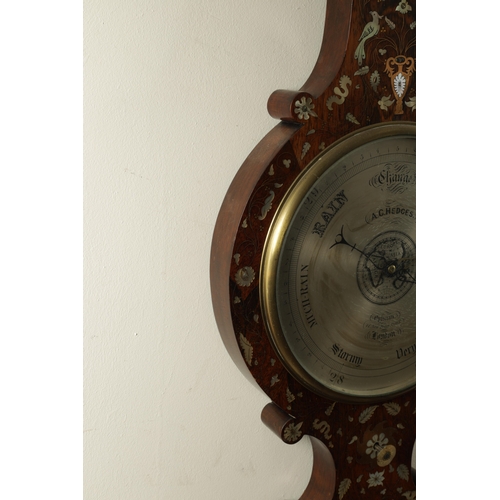 1125 - A.C. HEDGES, LONDON. A MID 19TH CENTURY INLAID ROSEWOOD WHEEL BAROMETER, the case inlaid in mother o... 