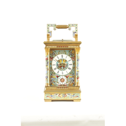 1130 - A FINE LATE 19TH CENTURY FRENCH GILT BRASS AND CHAMPLEVE ENAMEL REPEATING CARRIAGE CLOCK AND ALARM t... 